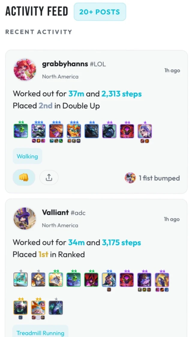 TeamFit activity feed showing workout minutes, steps, TFT placement, team compositions, and cheers